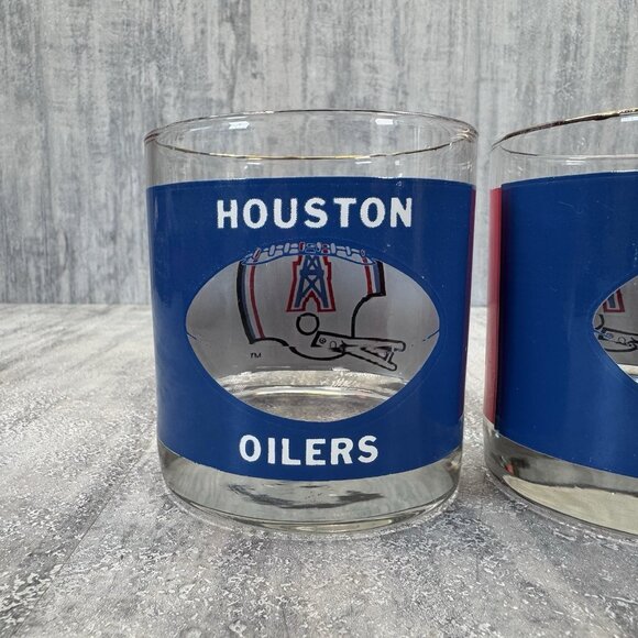 Pair of 1980's NFL Houston Oilers NFL Bar Glass Earl Campell Texans Vtg Gold Rim - Picture 2 of 9